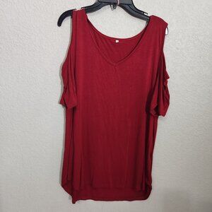 Tunic Top Cold Shoulder Maroon Red Womens V-Neck Medium Casual Loose Fit